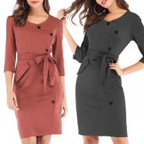 OL Style 3/4 Sleeve V-neck High Waist Slim Fit Dress