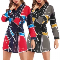 Fashion Contrast Color Long Sleeve Stand Collar Shirt Dress