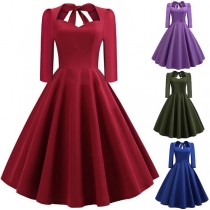 Sexy Backless V-neck 3/4 Sleeve Solid Color Dress