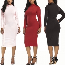 Elegant Solid Color Long Sleeve Cowl Neck Slim Fit Dress