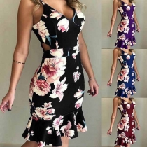 Sexy Backless V-neck High Waist Ruffle Hem Printed Sling Dress