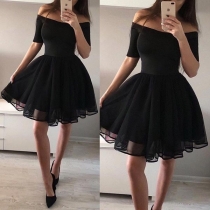 Sexy Off-shoulder Boat Neck Short Sleeve Solid Color Dress