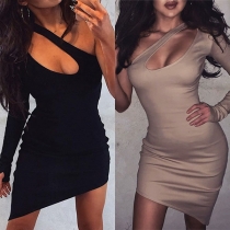 Sexy Hollow Out One-shoulder Long Sleeve Irregular Hem Tight Dress