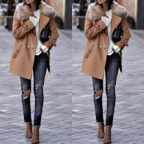 Fashion Solid Color Long Sleeeve Side Pockets Plush Neck Coat