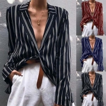 OL Style Long Sleeve Notched Lapel Striped Blazer