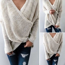 Sexy Crossover V-neck Long Sleeve Irregular Hem Knit Top