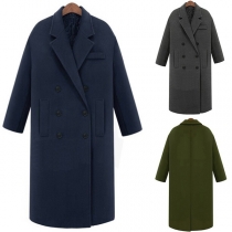 Fashion Solid Color Long Sleeve Double-breasted Woolen Coat