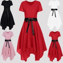 Fashion Short Sleeve V-neck High Waist Irregular Hem Dress