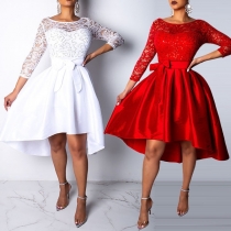 Sexy Backless 3/4 Sleeve High-low Hem Lace Spliced Dress