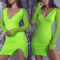 Sexy Gauze Spliced Long Sleeve V-neck Slit Hem Slim Fit Dress