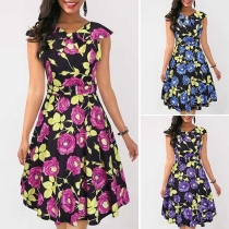 Fashion Cap Sleeveless V-neck High Waist Printed Dress