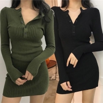 Fashion Solid Color Long Sleeve Round Neck Slim Fit Knit Dress
