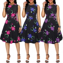 Fashion Sleeveless Round Neck High Waist Printed A-line Dress
