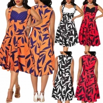 Retro Style Sleeveless Square Collar High Waist Printed Dress