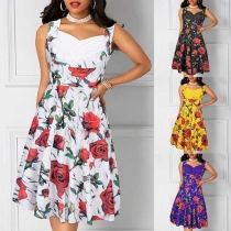 Fashion Sleeveless Square Collar High Waist Printed Dress