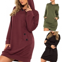 Fashion Solid Color Long Sleeve Hooded Sweatshirt Dress