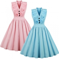 Fashion Solid Color Sleeveless V-neck Ruffle Shirt Dress