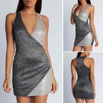 Sexy Deep V-neck Sleevelelss Contrast Color Slim Fit Dress
