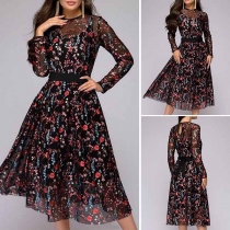 Fashion Contrast Color Long Sleeve Gauze Spliced Printed Hemline Dress