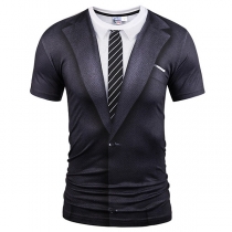 Fashion Solid Color Lapel Collar Printed Tie Short Sleeve Fake Two-piece Set Blazer