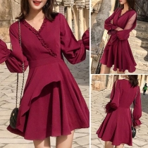 Sexy Gauze Spliced Long Sleeve V-neck High Waist Dress