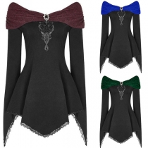 Sexy Contrast Color Boat Neck Long Sleeve Irregular Hem Lace Spliced Top 