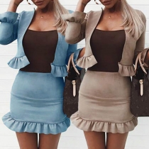  OL Style Long Sleeve Ruffle Cardigan + Skirt Two-piece Set 