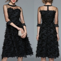 Sexy Gauze Spliced 3/4 Sleeve Round Neck Feather Dress