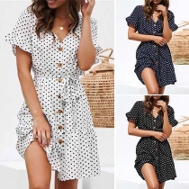 Fashion Short Sleeve V-neck Ruffle Hem Dots Printed Dress