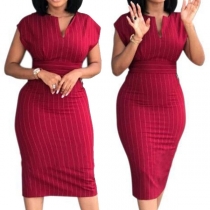 OL Style Short Sleeve V-neck Slim Fit Striped Dress