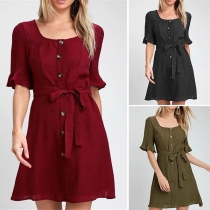 Fashion Half Sleeve Square Collar Front-button Solid 