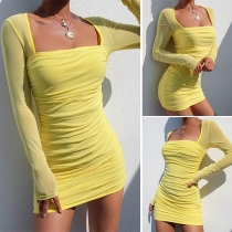 Sexy Gauze Spliced Long Sleeve Square Collar Tight Dress