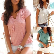 Fashion Short Sleeve V-neck Printed T-shirt 