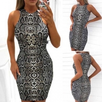 Fashion Sleeveless Round Neck Serpentine Printed Tight Dress