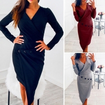 OL Style Long Sleeve V-neck Irregular Hem Slim Fit Dress