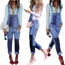 Fashion Contrast Color High Waist Denim Overalls 
