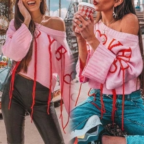 Fashion Oblique Shoulder Long Sleeve Tassel Knit Top