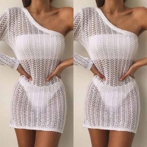 Sexy One-shoulder Long Sleeve Hollow Out Knit Beach Smock