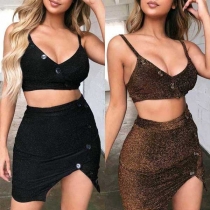 Sexy Backless V-neck Sling Crop Top + Irregular Skirt Length Skirt Two-piece Set