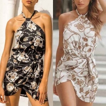 Sexy Backless Irregular Hem Knotted Printed Halter Dress
