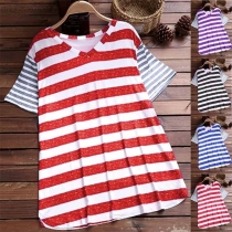Fashion Short Sleeve V-neck Contrast Color Striped T-shirt 