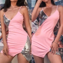 Sexy Backless V-neck Slit Hem Sequin Spliced Sling Dress
