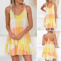Sexy Backless V-neck Ruffle Hem Plaid Sling Dress