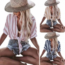 Sexy Deep V-neck Knotted Hem Half Sleeve Striped Crop Top