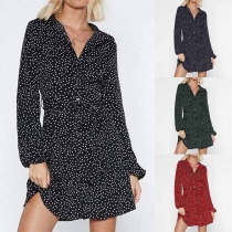Fashion Puff Sleeve POLO Collar Dots Printed Shirt Dress