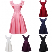 Sexy Backless Square Collar Lotus Sleeve Lace Spliced Dress