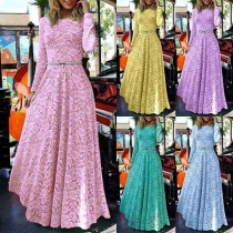 Elegant Solid Color Long Sleeve Round Neck Lace Dress