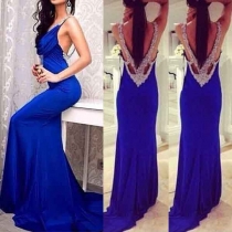 Sexy Sequin Spliced Backless V-neck Floor-length Evening Dress