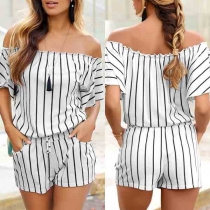 Sexy Off-shoulder Boat Neck Short Sleeve Striped Romper 