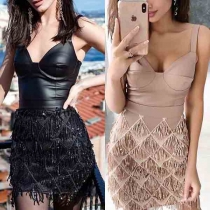 Sexy Backless V-neck Sequin Tassel Spliced Sling Dress(It falls small)